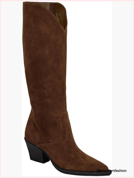 Shoes - Wide Calf Cowboy Boots Suede Knee High Chunky Heel Pointed Toe Western Boots